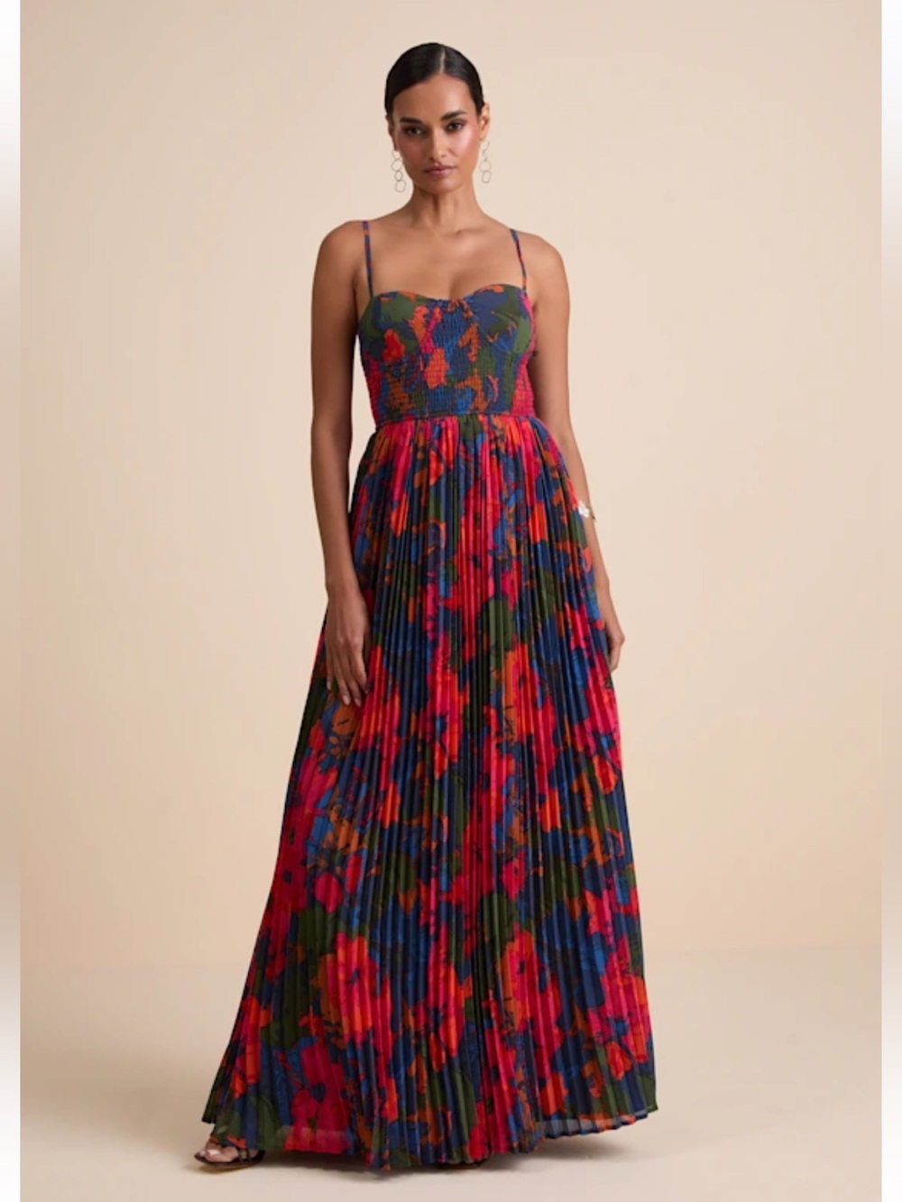 NWT Lulus Kinleigh Red Multi Abstract Pleated Bustier Maxi Dress